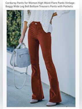 High-Waist Corduroy Flare Pants for Women - Rust